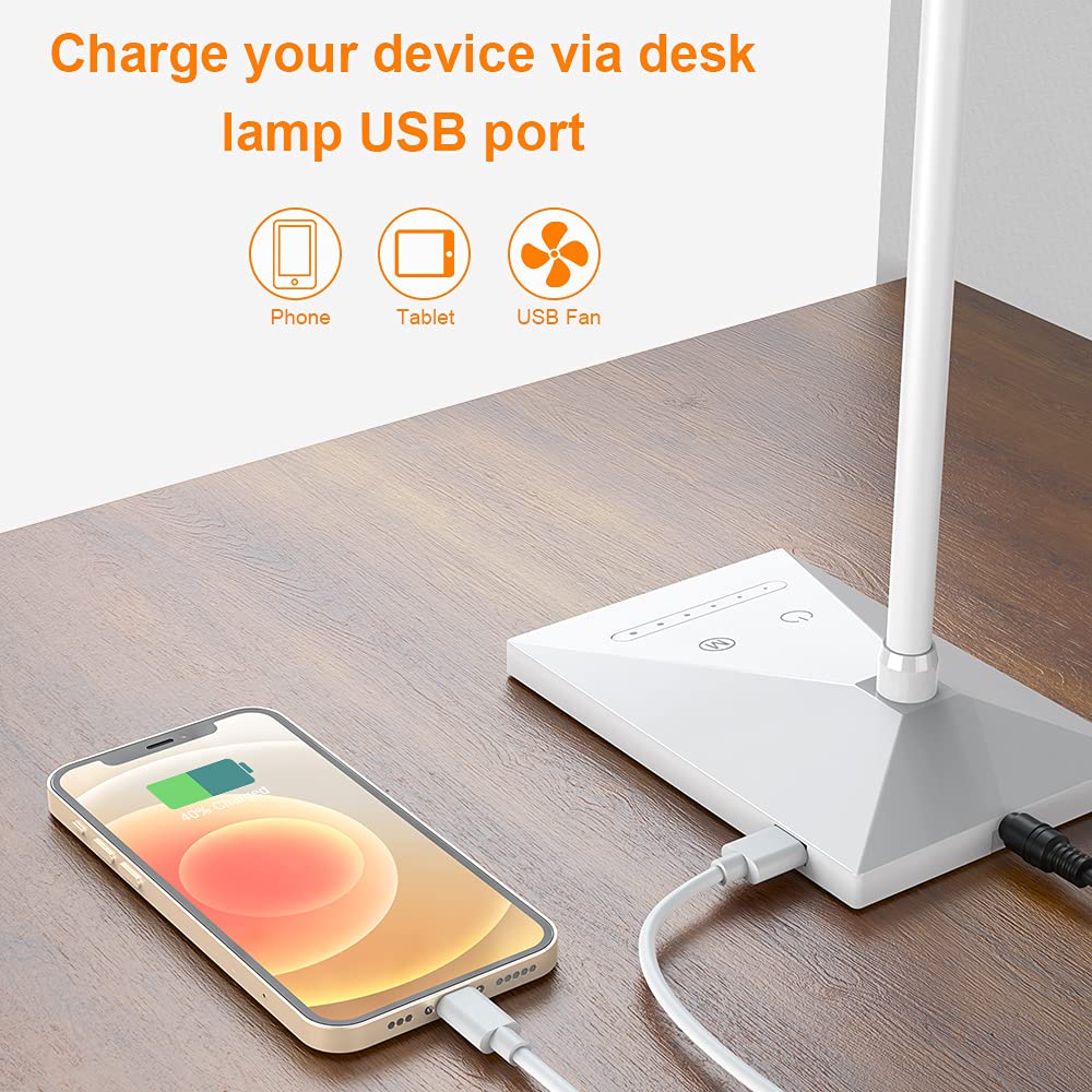 Vansuny LED Desk Lamp with USB Charging, 5 Color Modes, 6 Brightness Levels, Flexible Gooseneck, White