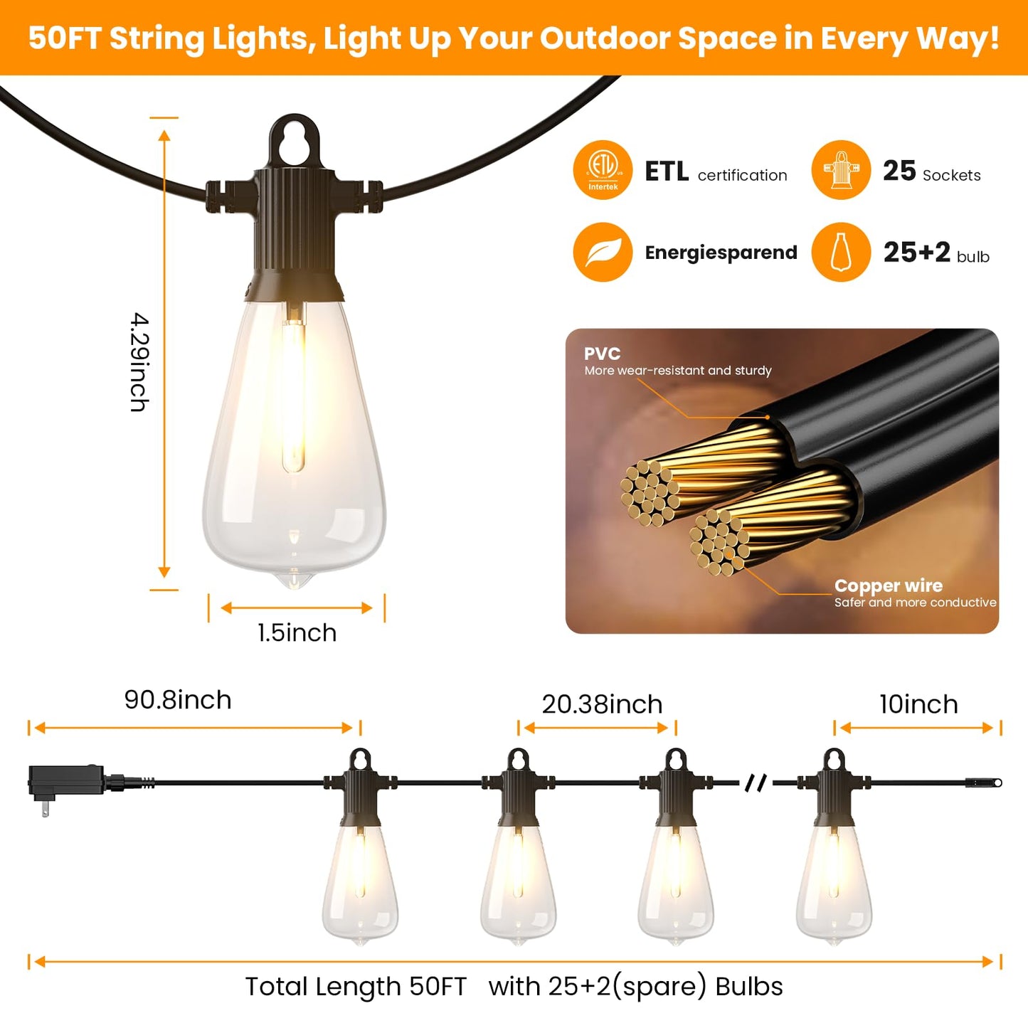 Kawaya Outdoor String Lights - 50FT Dimmable IP64 Waterproof LED Edison Lights for Patio, Black, Model YAST38-50FT-25US