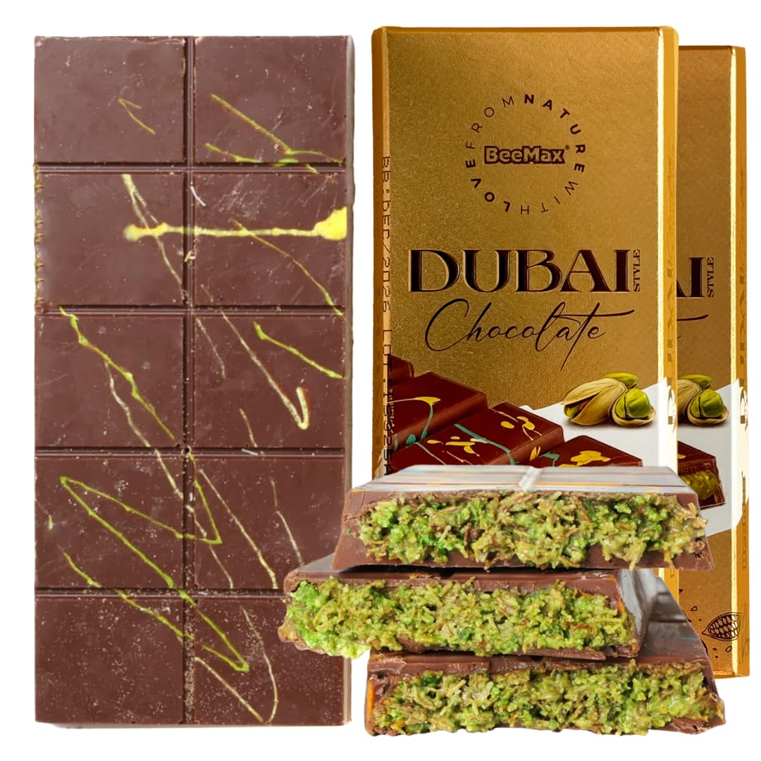 Beemax Authentic Dubai-Style Chocolate Bar | 2 Pack | 7 oz of elegant Middle Eastern Indulgence | enhanced Milk Chocolate Golden Kadayif Crisps Velvety Tahini & Hand-Harvested Pistachios - Imported from Turkey