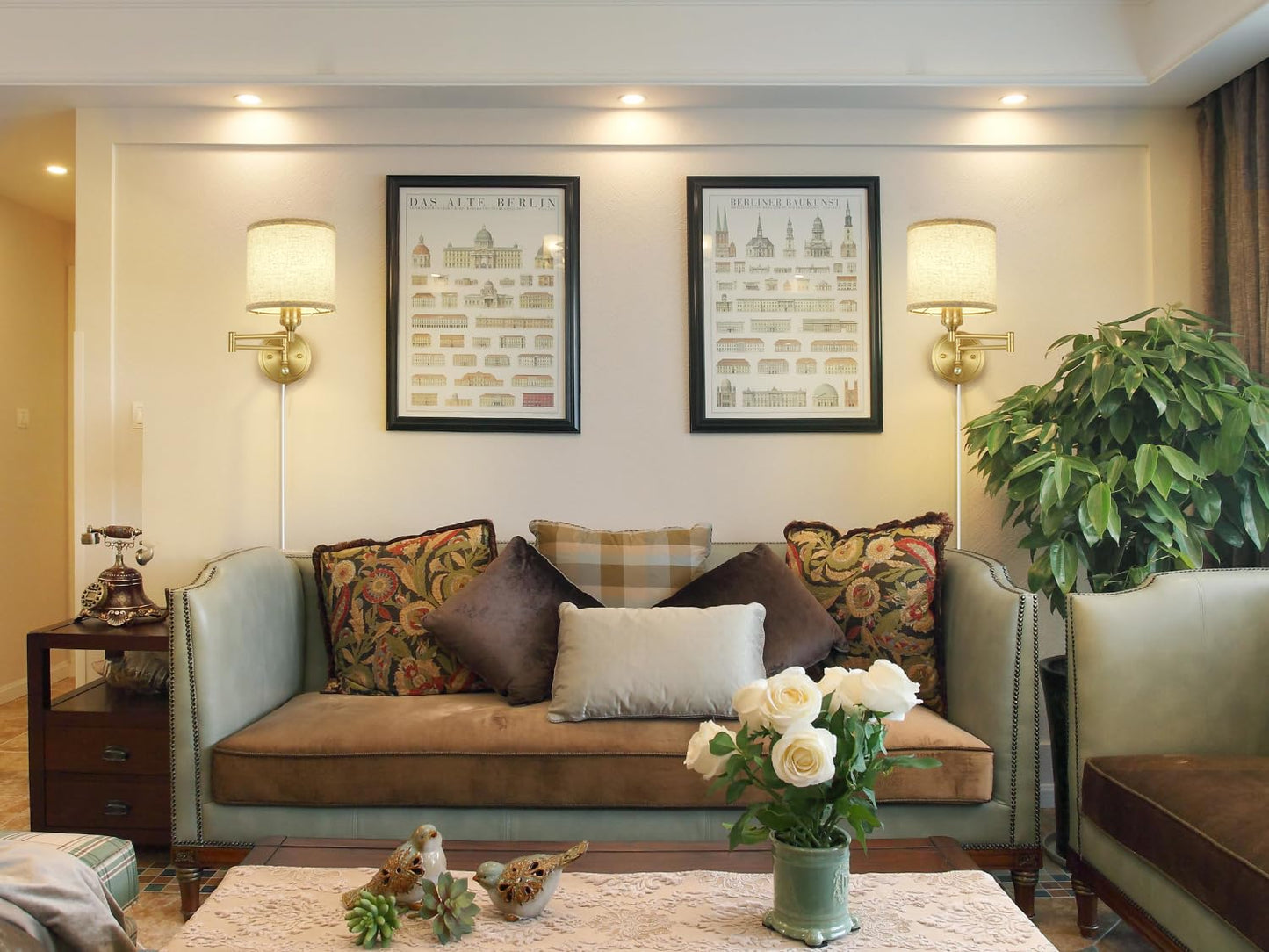 Goodate Plug In Wall Sconces With Remote Control Dimming & Adjustable Colors 2700K-6500K Hardwire Or Plug-In Swing Arm Wall Lamp With Linen Fabric Shade Wall Sconces Set Of Two Gold Finish