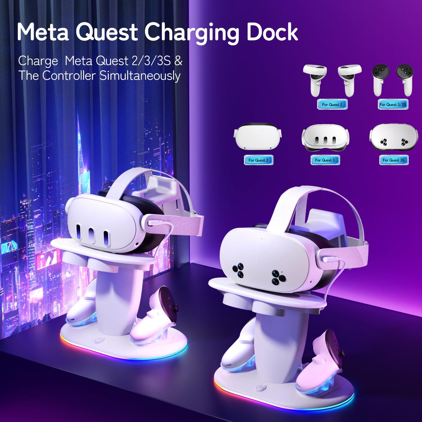 Saqico Fast Charging Dock for Meta Quest 3/3s/2 vr Headset and Magnetic Charger for Controllers Simultaneously, RGB Charging Station & Display Stand with Rechargeable Batteries 2pcs and UL AC Adapter