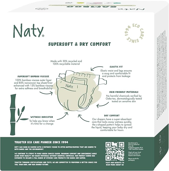 Naty Bamboo Viscose Baby Diapers – Silky Soft, Plant Based, Dermatologically Tested for Sensitive Skin & Super Absorbent (Size 4, 144 Count)