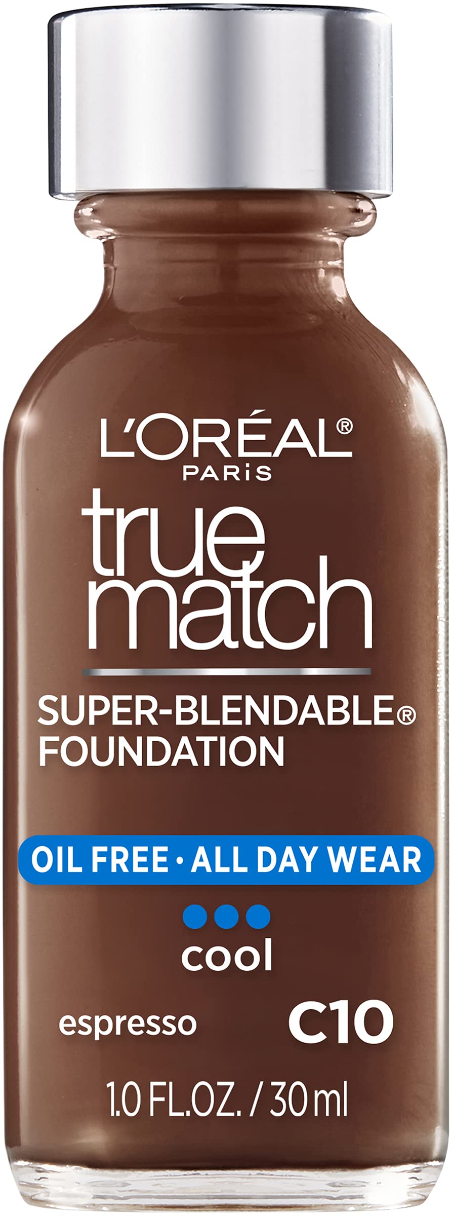LOr al Paris Makeup True Match Super-Blendable Liquid Foundation, Espresso C10, 1 Fl Oz,1 Count
