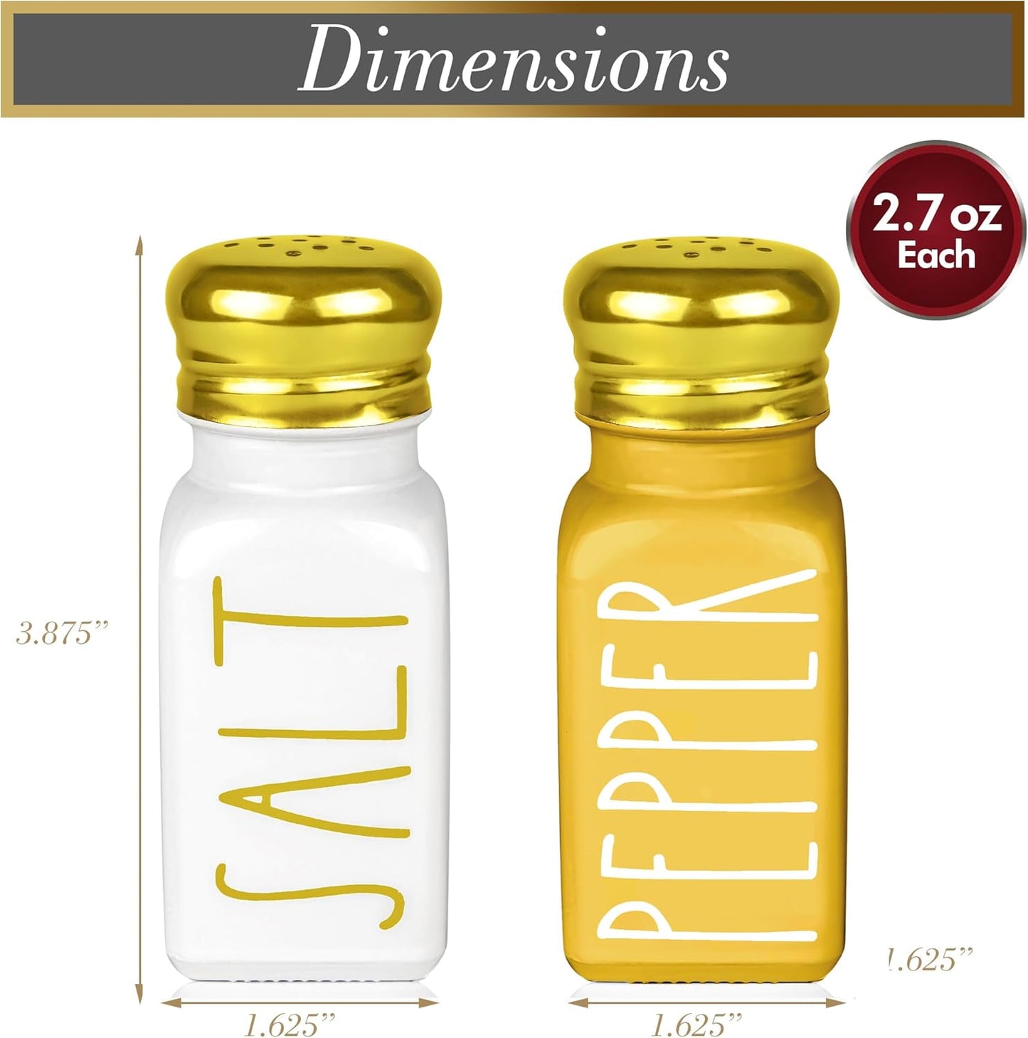 Farmhouse Gold Salt and Pepper Shakers Set by Brighter Barns - Glass Shakers & Stainless Steel Lid - Modern Farmhouse Decor for Restaurant, Airbnb, Wedding, Gifts - Luxury Kitchen Accessories (Gold)