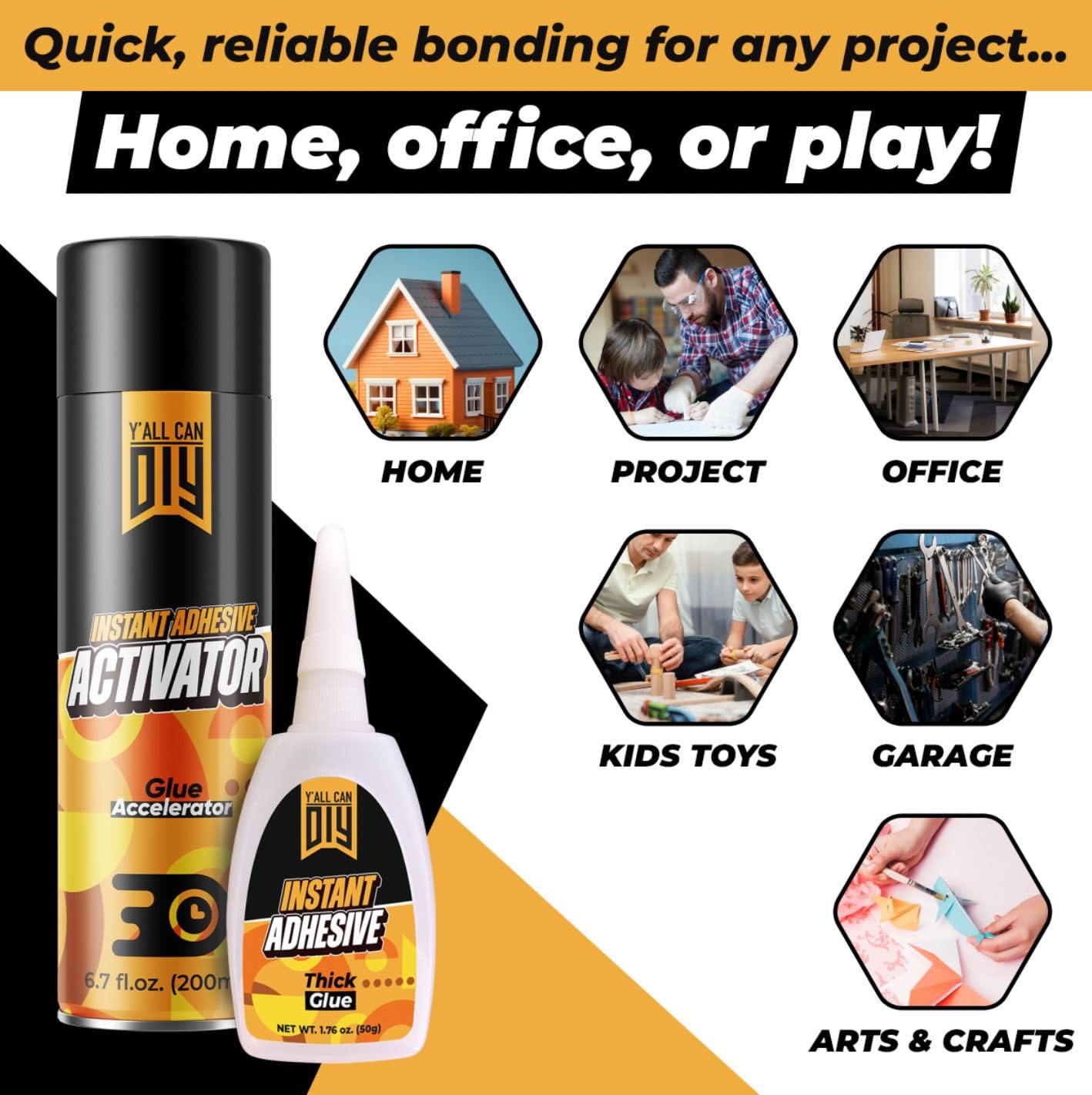 CA Glue with Activator (2 x 1.76 oz. + 2 x 6.76 fl oz.) - Industrial-Grade Cyanoacrylate Adhesive and Super Glue Accelerator for Woodworking, Crafts, DIY, and Repairs, Instant Glue Bond