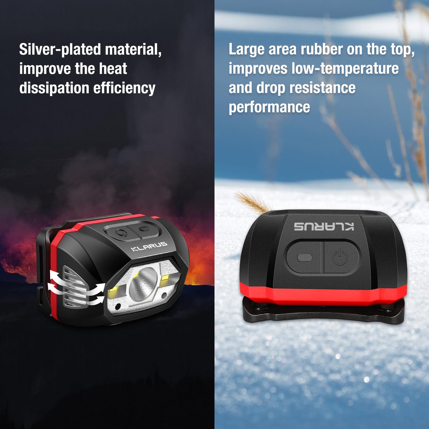 Klarus HM1 Waterproof Rechargeable Headlamp, 400 Lumens, 70 Hours Battery Life, Fast Charge, Black Red, Shock Resistant