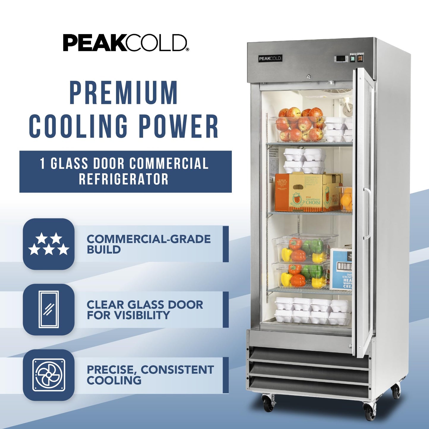 PEAKCOLD Single Glass Door Commercial Refrigerator - 23 Cubic Ft, 29" Wide Stainless Steel Reach-In Commercial Refrigerator with White Internal Lighting - Freestanding Industrial Fridge