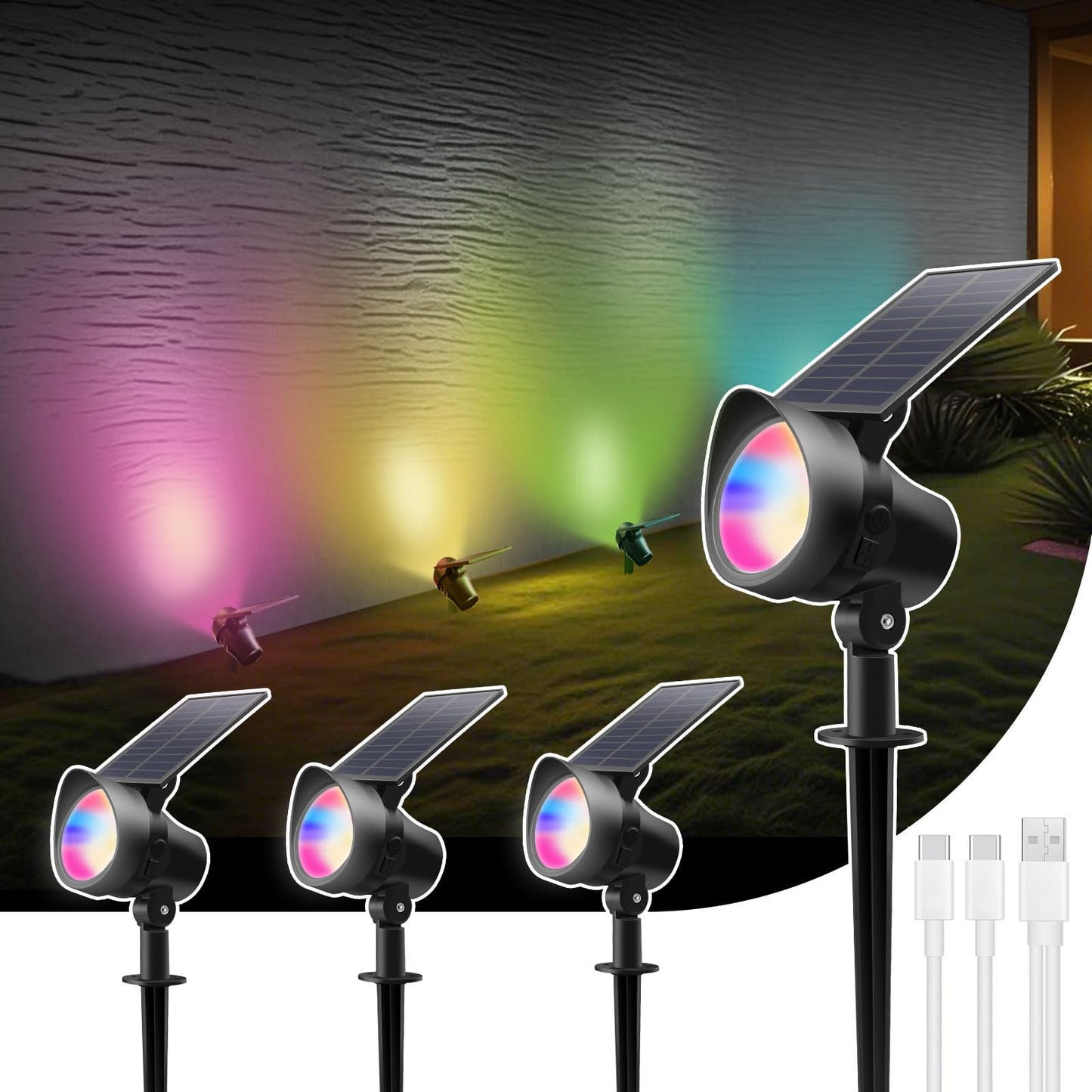 ALUSSO Multicolor Solar Lights Outdoor Dimmable, Color Changing Solar Spotlights Outdoor with 9 Lighting Modes, RGB Landscape Sp