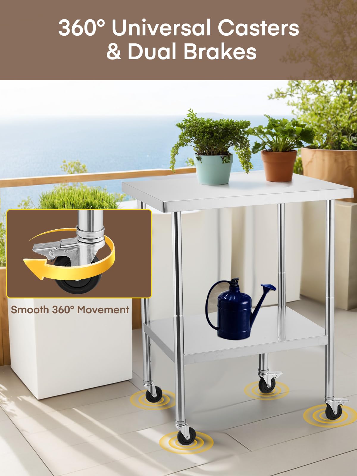 Stainless Steel Table for Prep & Work, with Caster Wheels, Two with Brakes, Metal Table for Commercial Restaurant, Warehouse and Hotel (24 x 30 Inches)