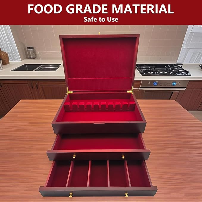 Silverware Storage Box, Kitchen Drawer Organizer, Drawer-containing flap-type storage box, Wood Chest, with Tarnish Proof Felt Lined, Storage Silver Chest for Kitchen (3 layer)