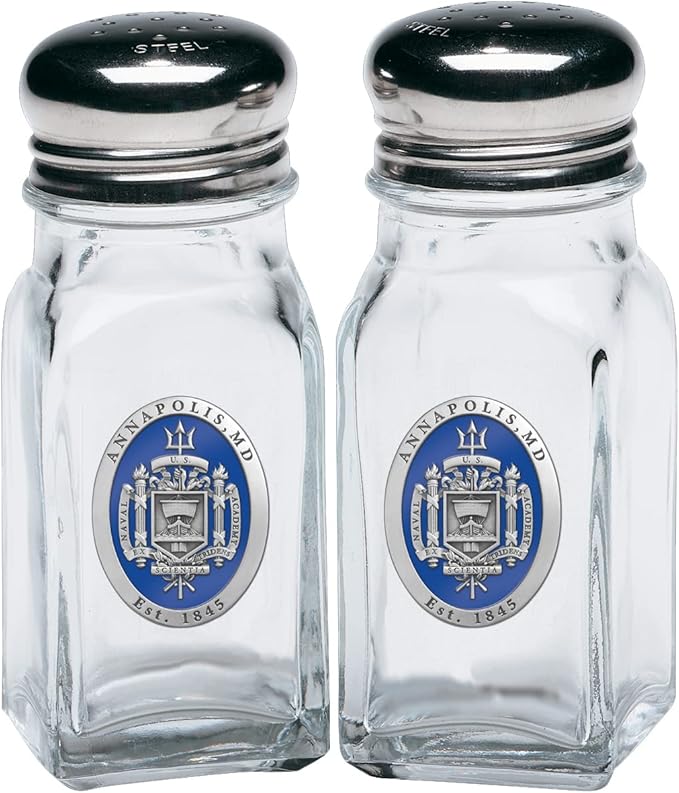 Heritage Pewter US Naval Academy Crest Salt and Pepper Shaker Set of 2 Bottles | Expertly Crafted Pewter Glass