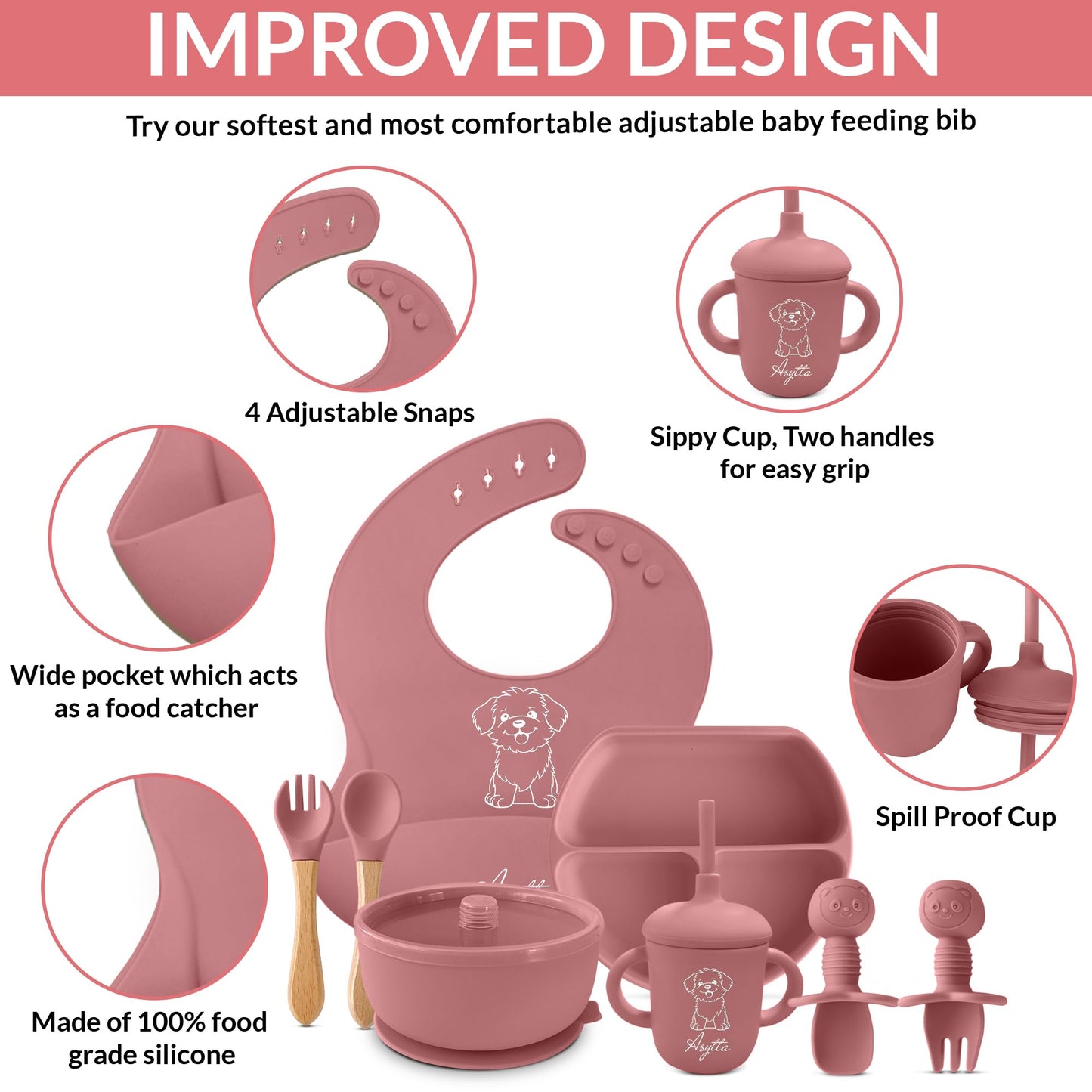 ASYTTA Silicone Baby Feeding Set β 6 Piece BPA-Free Baby Led Weaning Supplies β Toddler Eating Essentials with Baby Bib, Suction Plate, Suction Bowl, Sippy Cup, Forks, & Utensils | 6+ Months (Pink)