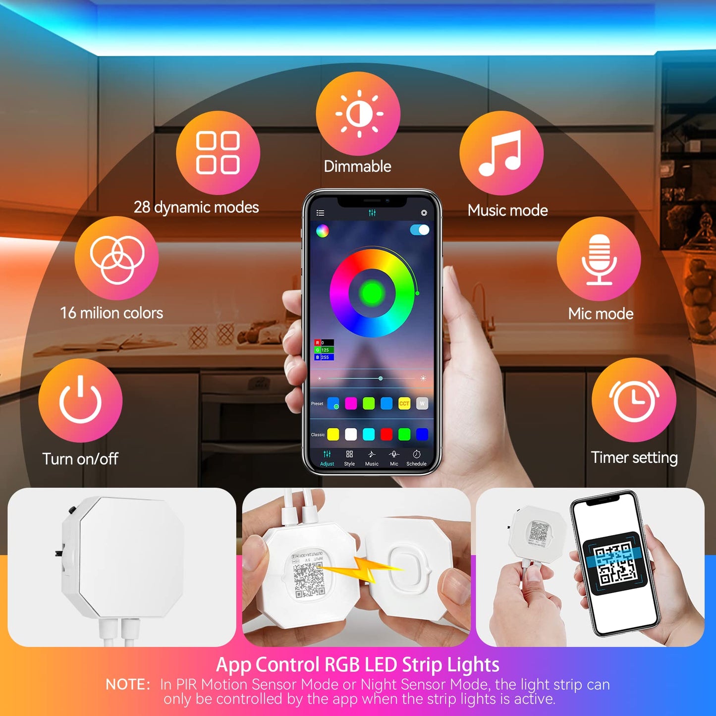 Houhui Rgb Led Strip Lights 9.8Ft - Motion Sensor, Usb Powered, App Control, Smd5050