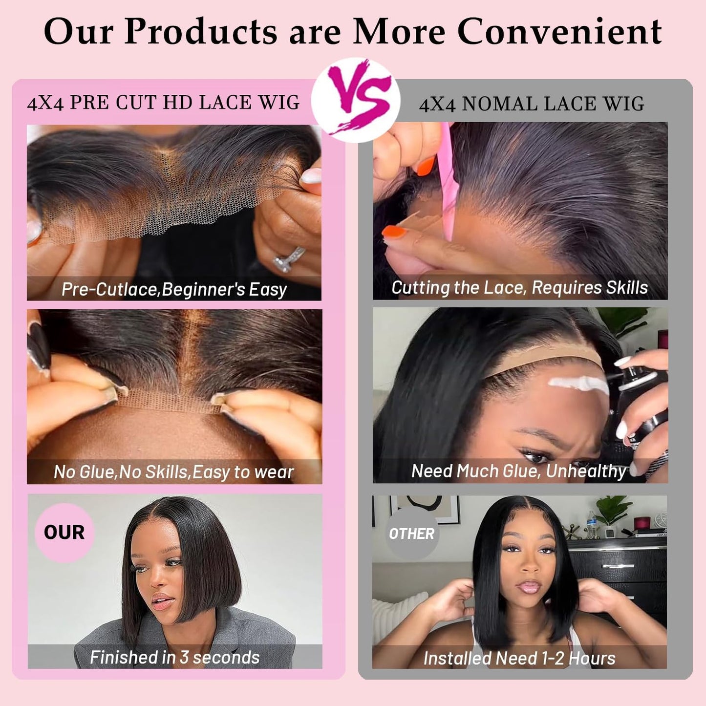 Short Bob Wig Human Hair Straight 8 inch Wear to Go 4x4 Lace Closure Bob Wigs Human Hair for Black Women Pre Plucked and Pre Cut