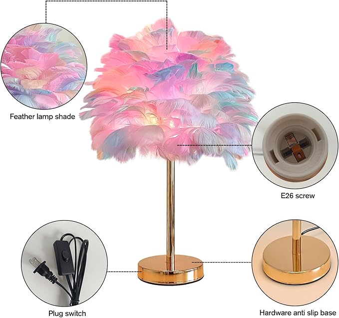 ZYLEIESENBAO Colorful Feather Lamp Creative Teen Feather Table Lamp Romantic Cute Girl Bedside Lamp Nightstand Light Pretty Fluffy Desk Lamp for Wedding Deco Bedroom Living Room Entryway Hotel