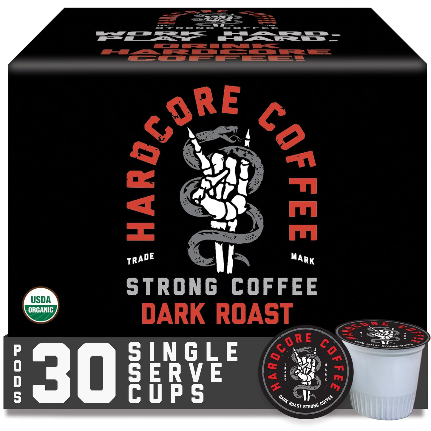 Hardcore Coffee Single Serve Coffee Pods for Keurig K Cup malt-inspired High Caffeine Strong Roast 30 Count