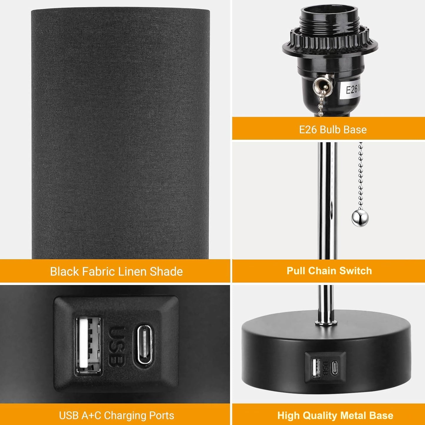 ROTTOGOON Bedside Lamp with USB A & C Ports, LED Bulb, Metal, Black, Model H-philwin-061