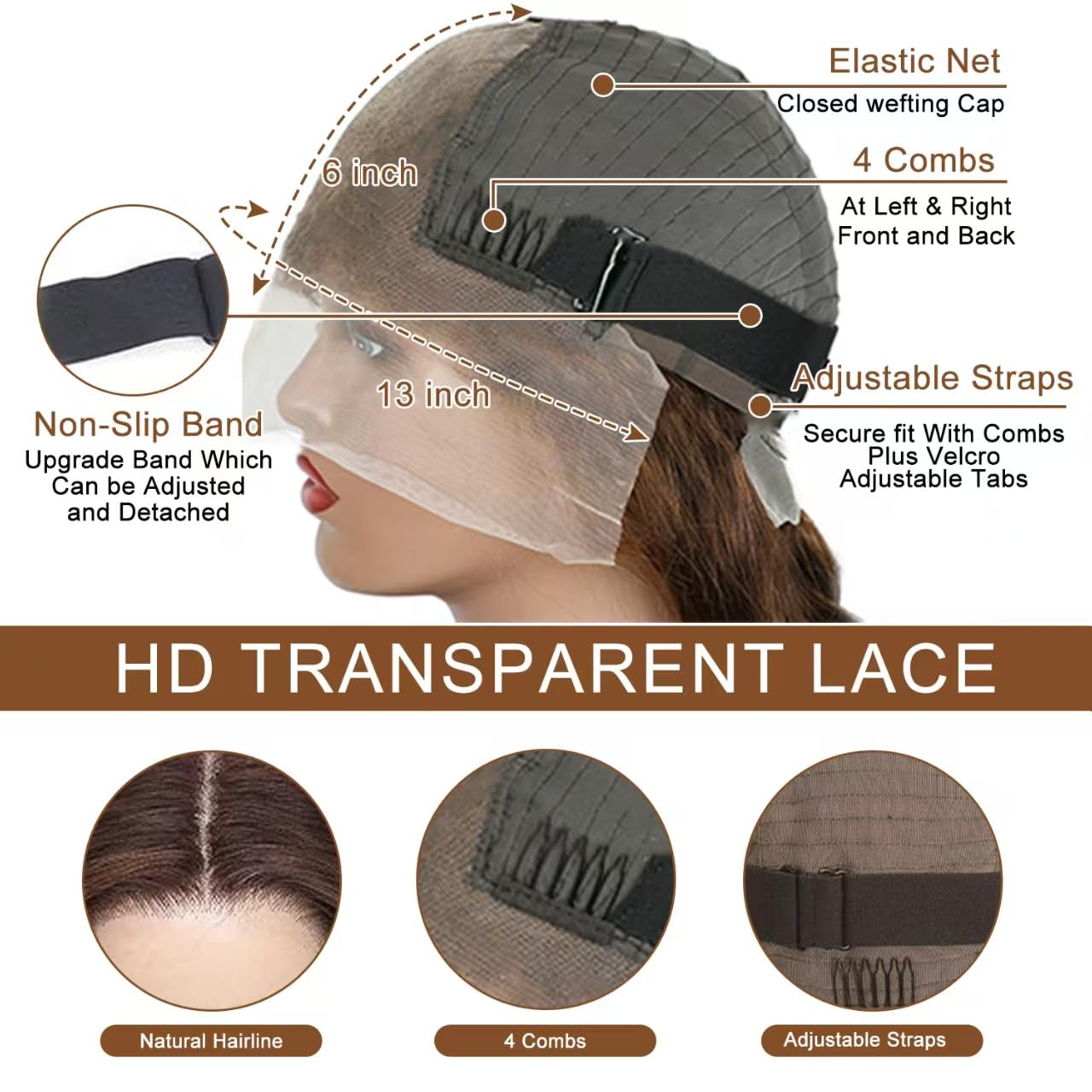 OOVVDA Chocolate Brown Lace Front Wig, 22 Inch, 200% Density, Straight, Human Hair, 13x6 Lace, 22.5 Inch Cap