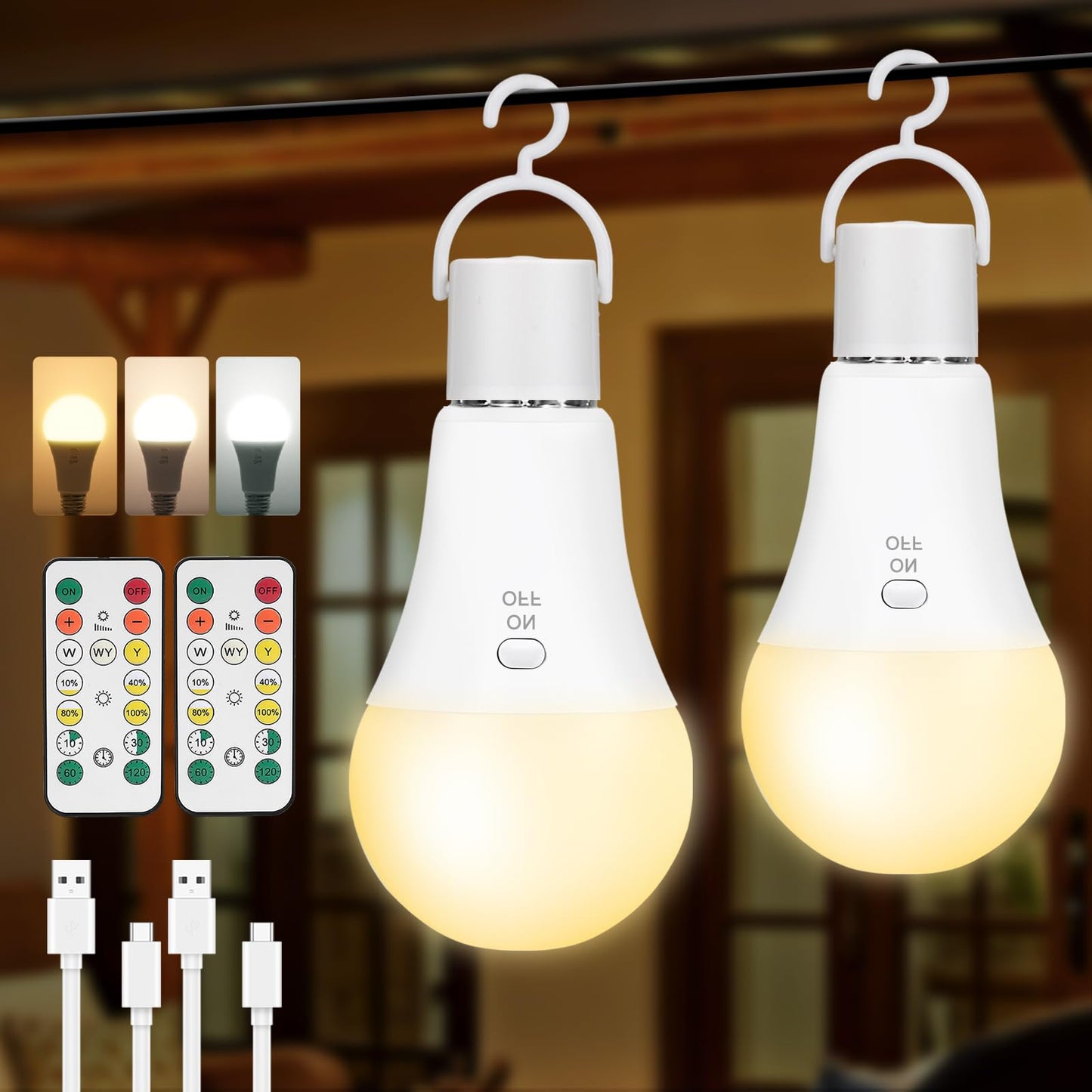 2 Pack Rechargeable Battery Operated Light Bulbs with Remote, Keep Lighting During Power Outage, 2600mAh A19 Emergency wireless