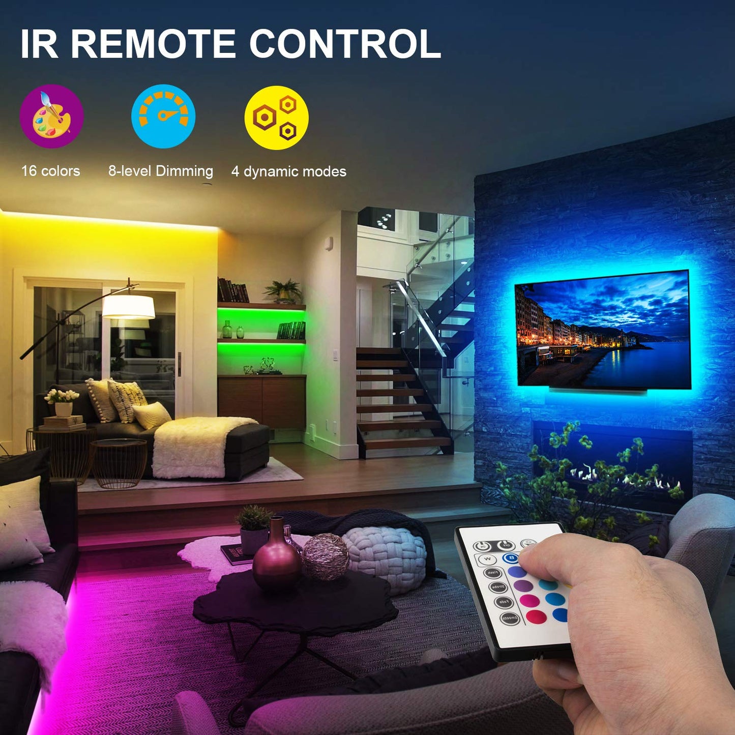 maylit LED Backlight Strip Lights Kit, 14.3FT for 65-75in TV, Multicolor, USB Powered with Remote, Model R5-YMA8-74UA