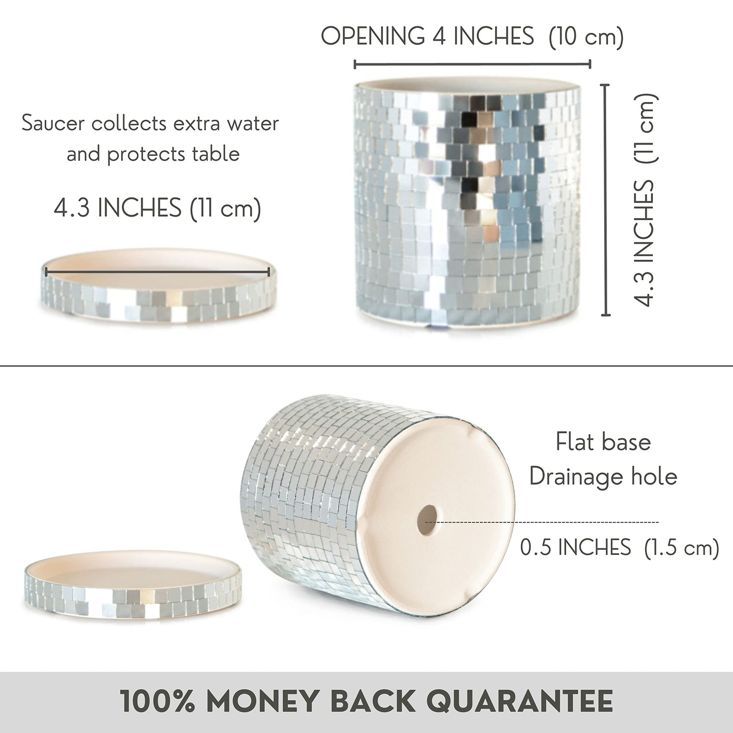 SCANDINORDICA Disco Ball Planter 8" Silver with Chain and Macrame Hanger and Disco Ball Planter Pot 4.3" with Saucer (0.3x0.3 mirror tiles)