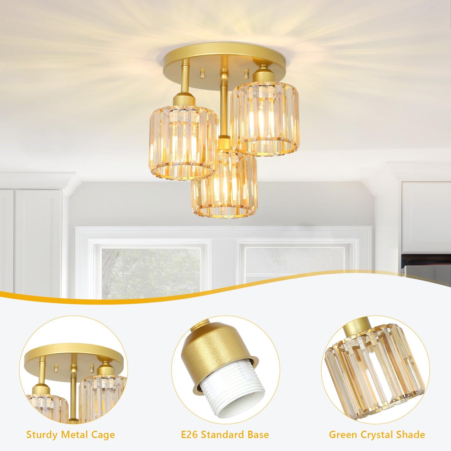 PAUFUL Semi Flush Mount Ceiling Light, 3-Light Crystal Fixture, Amber Glass Shades, Model 250617B1