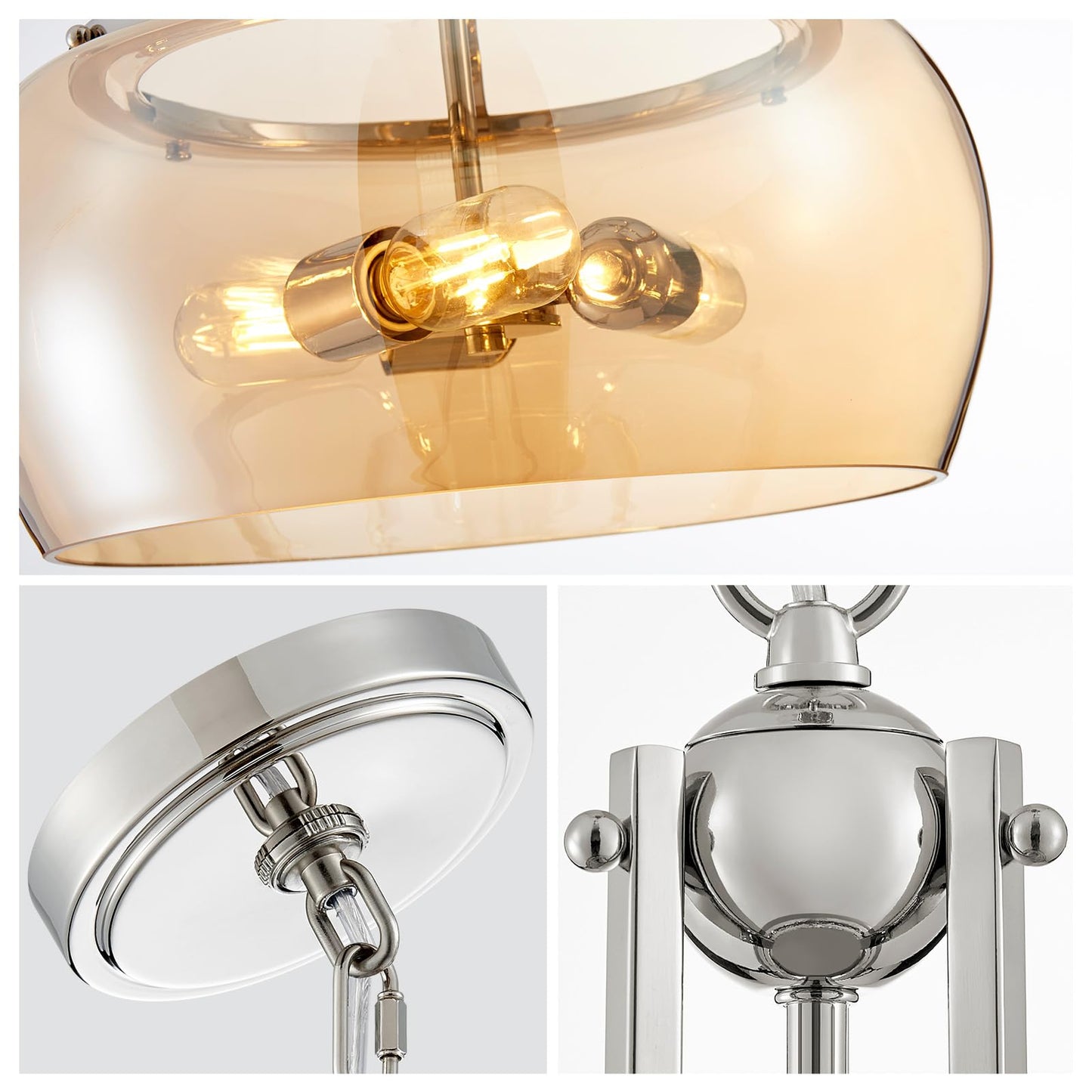 WUZUPS Nickel Chandelier LED Light Fixture, 3-Light Amber Glass Shade, H 20.9in W 15.9in, Rustic Farmhouse Industrial, Model USHD30308AR