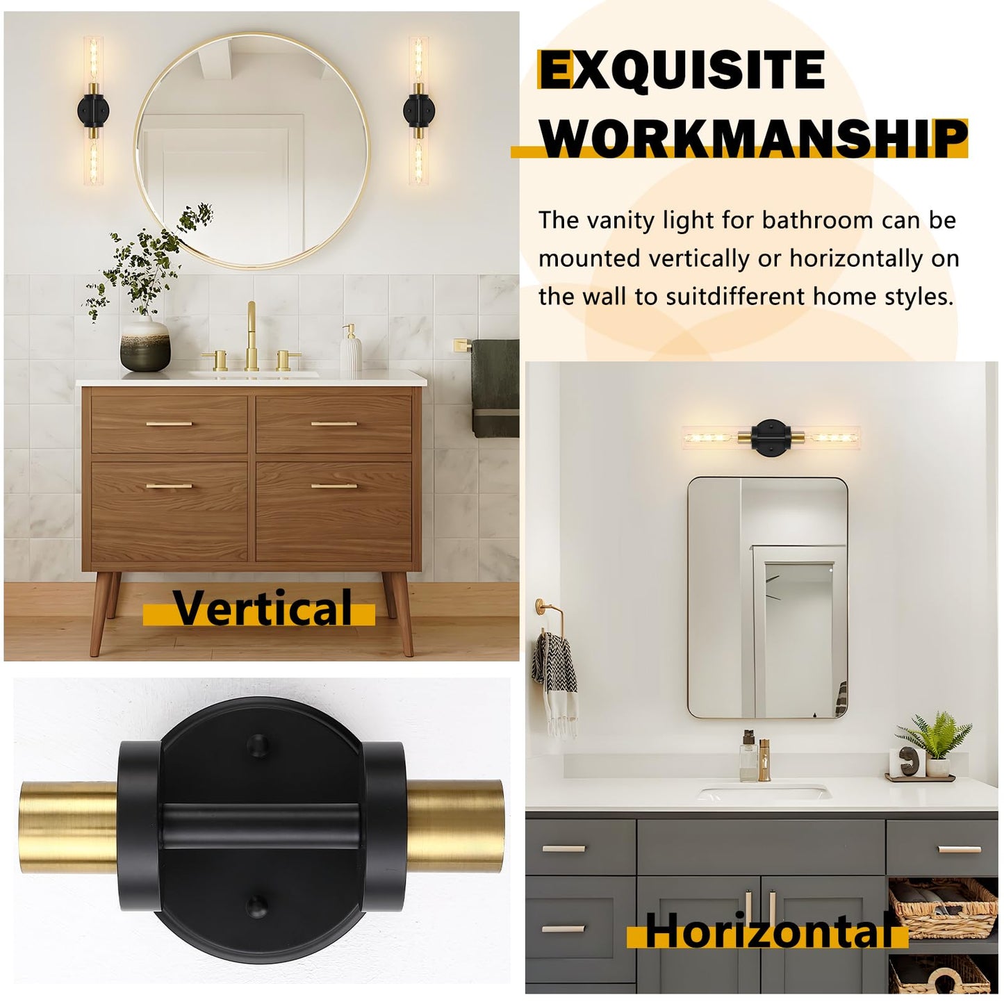 Baocuz 2-Light Bathroom Vanity Lighting, Black & Gold, Clear Glass, Indoor Wall Sconces, Model STCGS-2P-BG, Set of 2