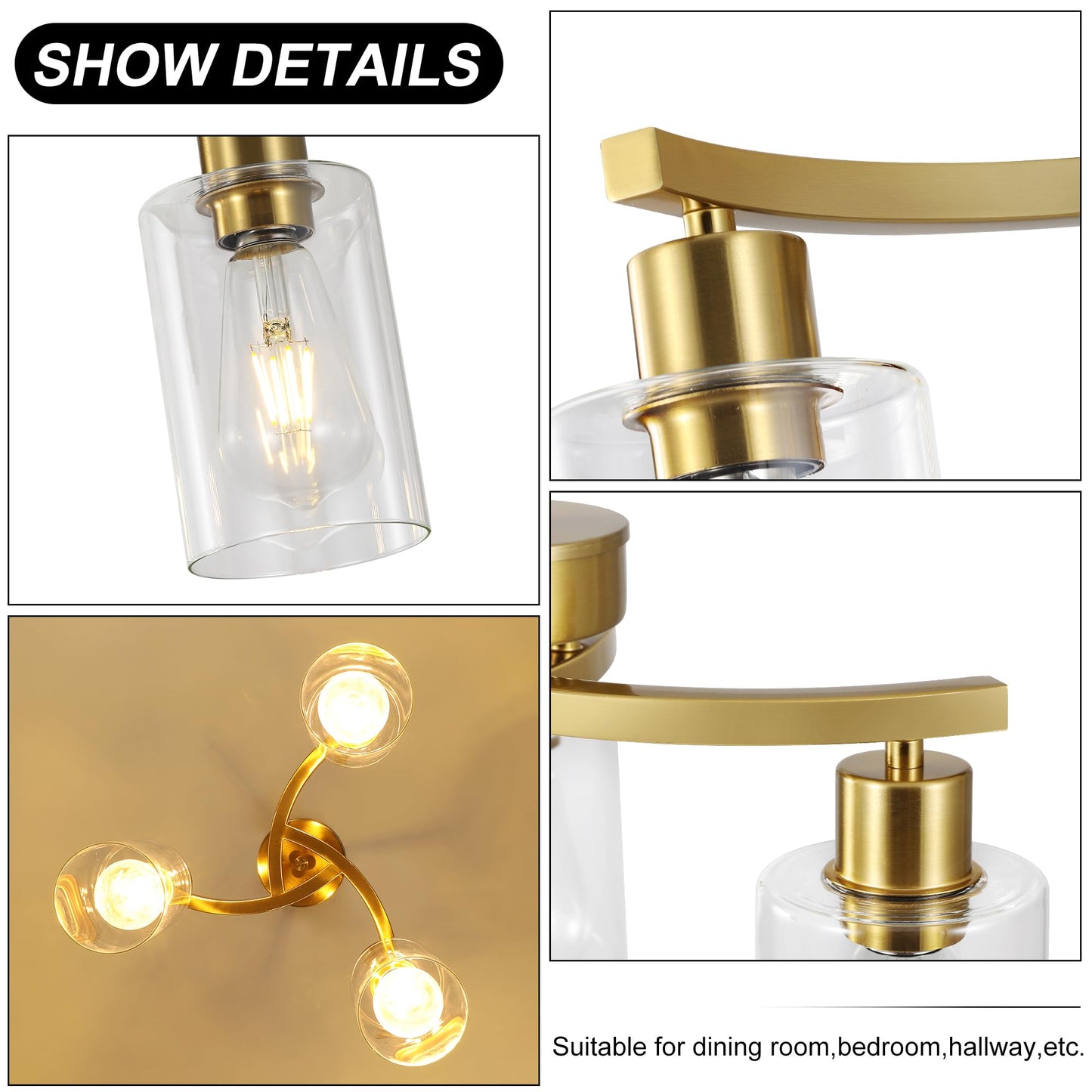 Cnratye 3-Light Gold Dining Room Chandeliers Over Table Contemporary Kitchen Island Pendant Lighting Industrial Hanging Light Fixture For Entryway Hallway Foyer Bedroom Clear Glass Shade