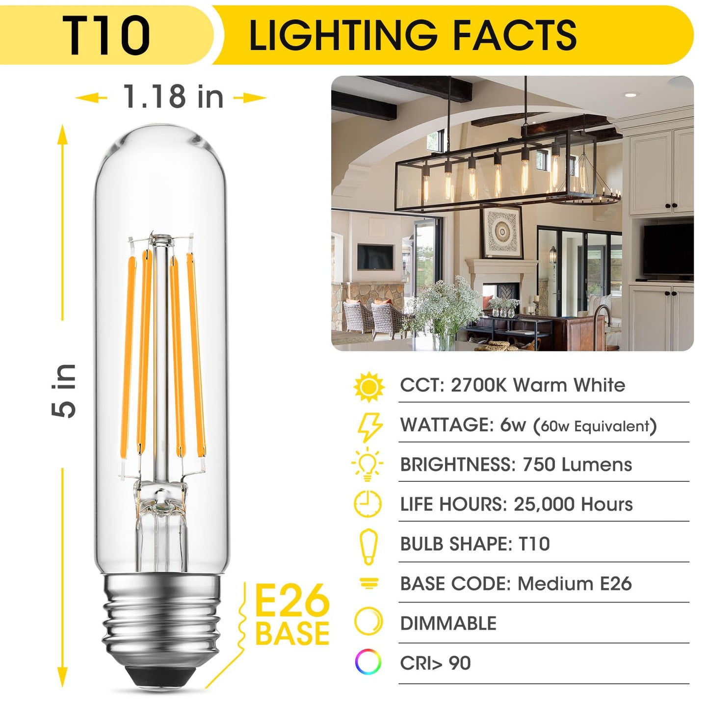 Gozelux Dimmable E26 Edison Bulb, AC120V Warm White 2700K Light Bulbs, 6W Equal 60 watt 750LM Tubular T10 LED for Rustic Pendant, Chandeliers, Wall Sconces,Vanity, Pack of 4