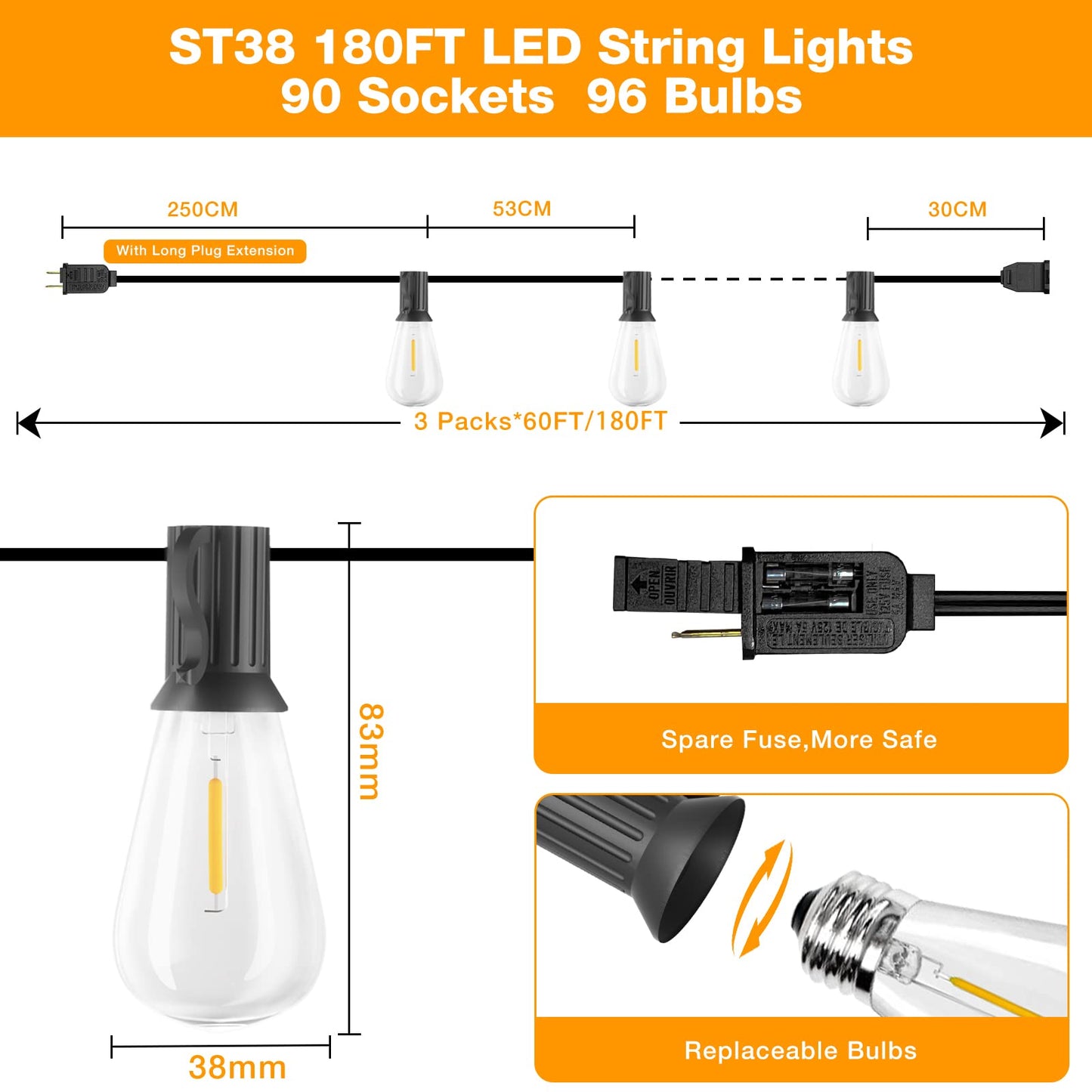 GLUROO Outdoor String Lights, 180FT Shatterproof LED, Vintage Bulbs, Waterproof, Connectable, Black