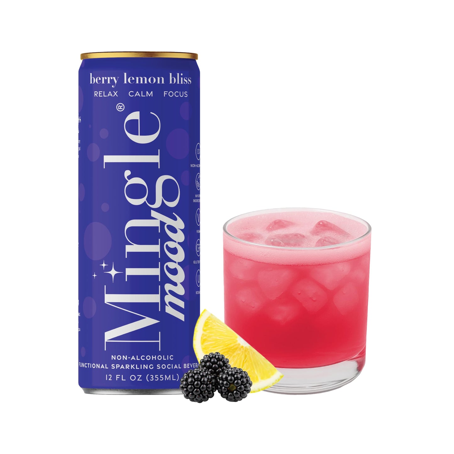 Mingle Mood Berry Lemon Bliss Sparkling Adaptogen Drink with L-Theanine Lions Mane Ashwagandha for Calm Clarity & Focus