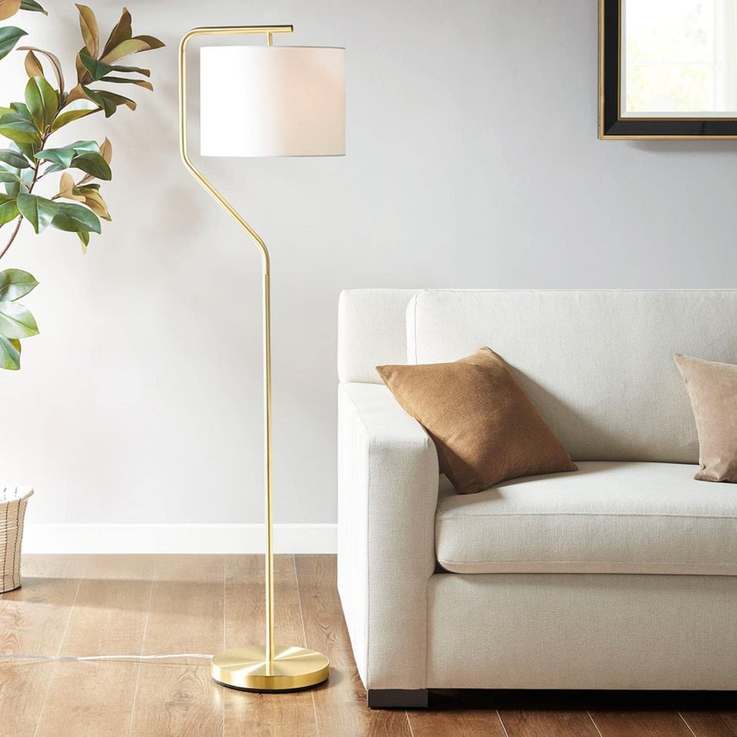 Hampton Hill Angular Corner Floor Lamp - 60 Gold Metal Stand, Linen Shade, Foot Switch, Model Fb154-1164