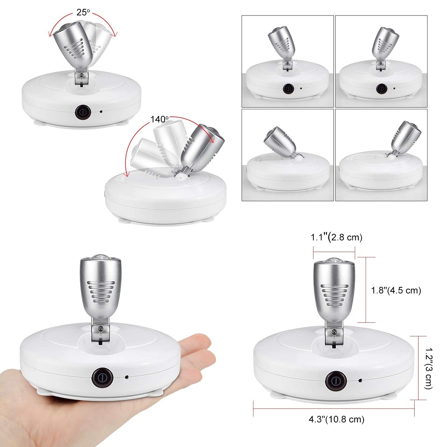 LUXSWAY Mini Accent Spotlight, Battery Operated LED Puck Light, Dimmable, 12 Color Changing, White Silver Head, 2 Pack