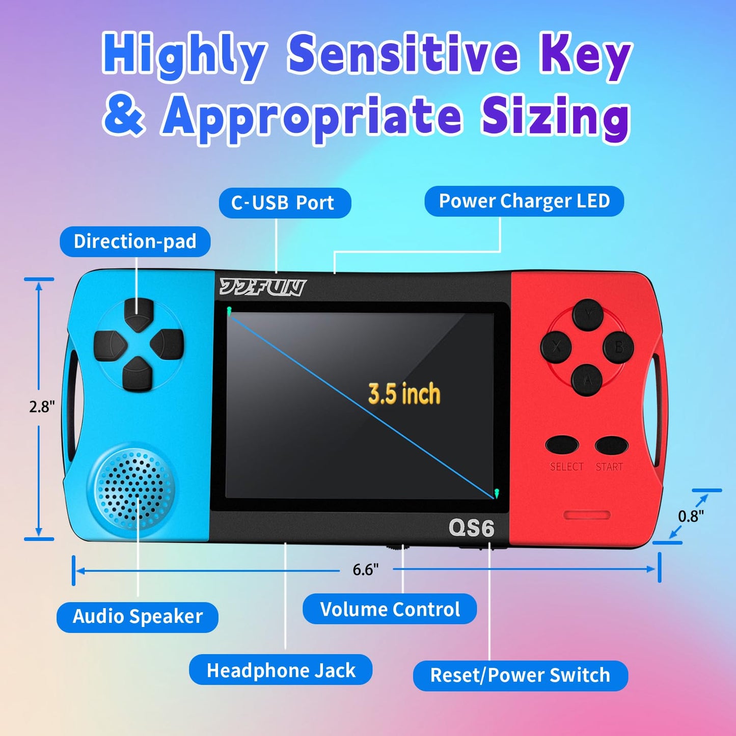 SNONBROS 32 Bit Handheld Game Console for Kids 3.5" IPS Large Screen Rechargeable,Preloaded 216 Video Games ,Arcade Electronic Toy Birthday Xmas Present for Girls—BlueRed