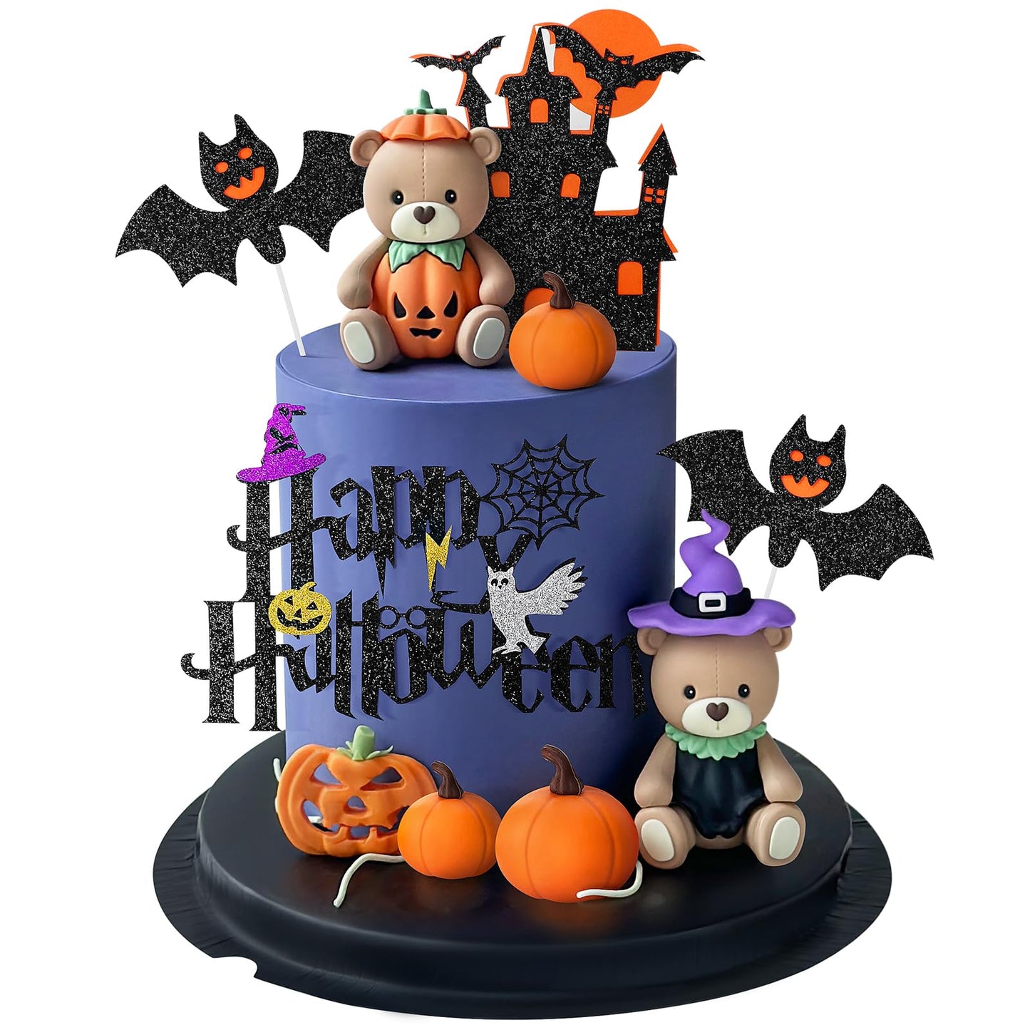 9 PCS Halloween Cake Topper Witch Bear Cake Topper Pumpkin Bat Cake Decorations with Happy Halloween Cake Decorations for Scary Party Supplies