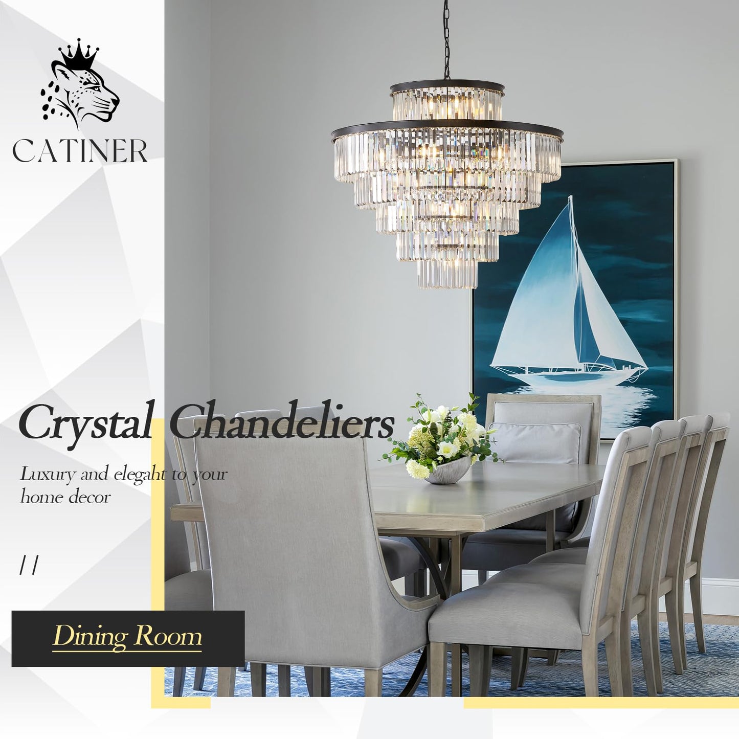Large Crystal Chandeliers 23 Lights 36 Modern Black stylish Chandelier For Foyer Staircase Chandeliers 6 Tiers Round K9 Ceiling Pendant Lighting Fixture For Living Dining Room