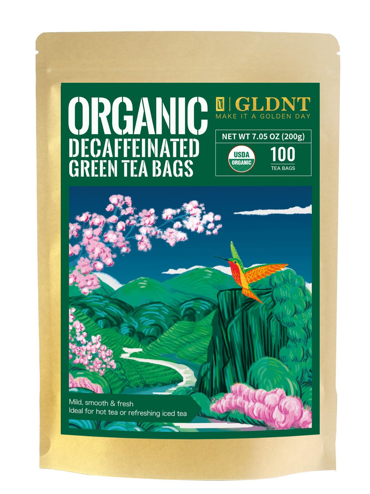 GLDNT Organic Decaf Green Tea Bags Organic Green Tea Decaffeinated Smooth Flavor Super Antioxidant Iced & Hot Tea 100 Count