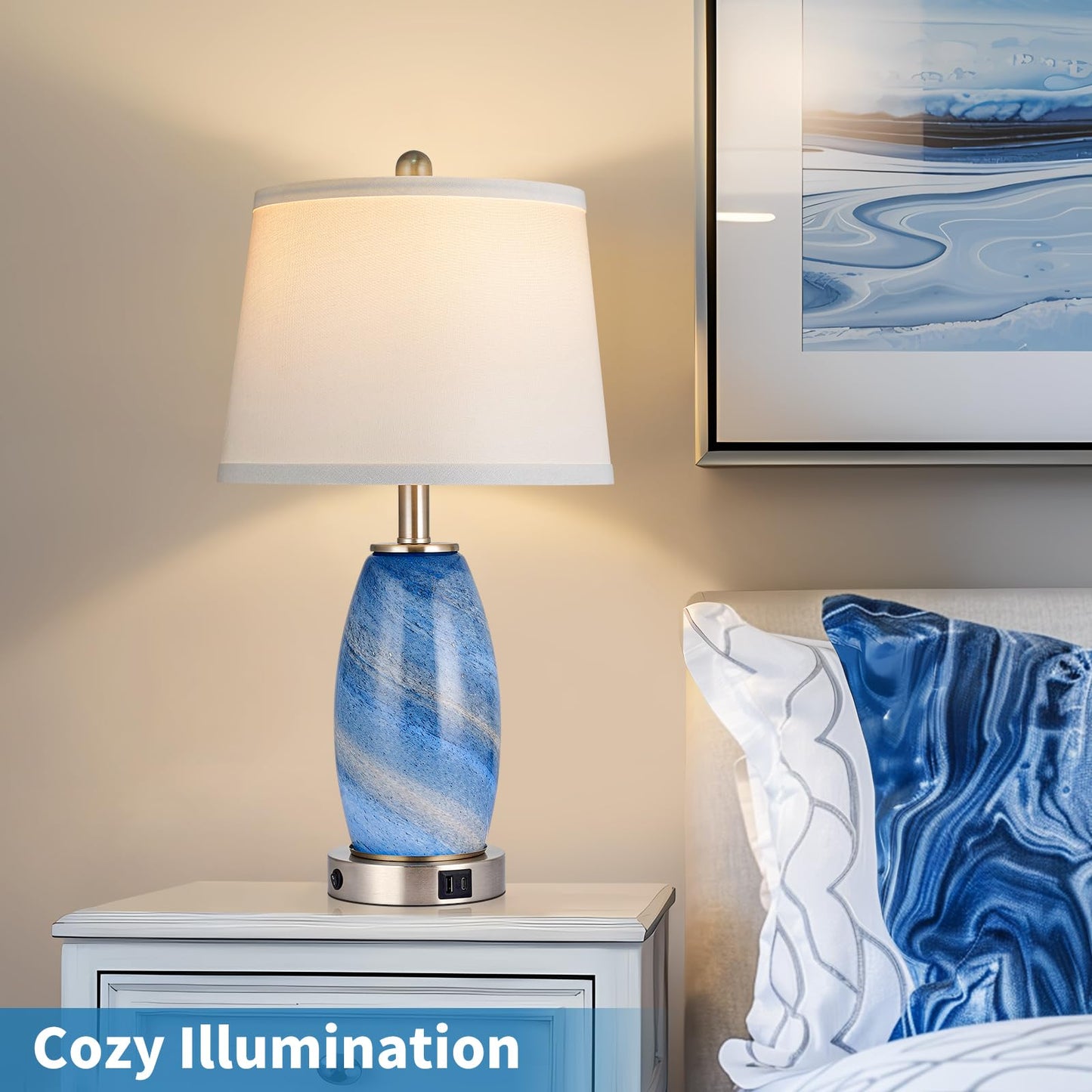 Blue Lamp For Bedroom & Bedside With 3-Way Lighting Modes & Usb C+A - Modern Style Glass Nightstand Table Lamp For Living Room & Bedroom Decoration (23.5 H)
