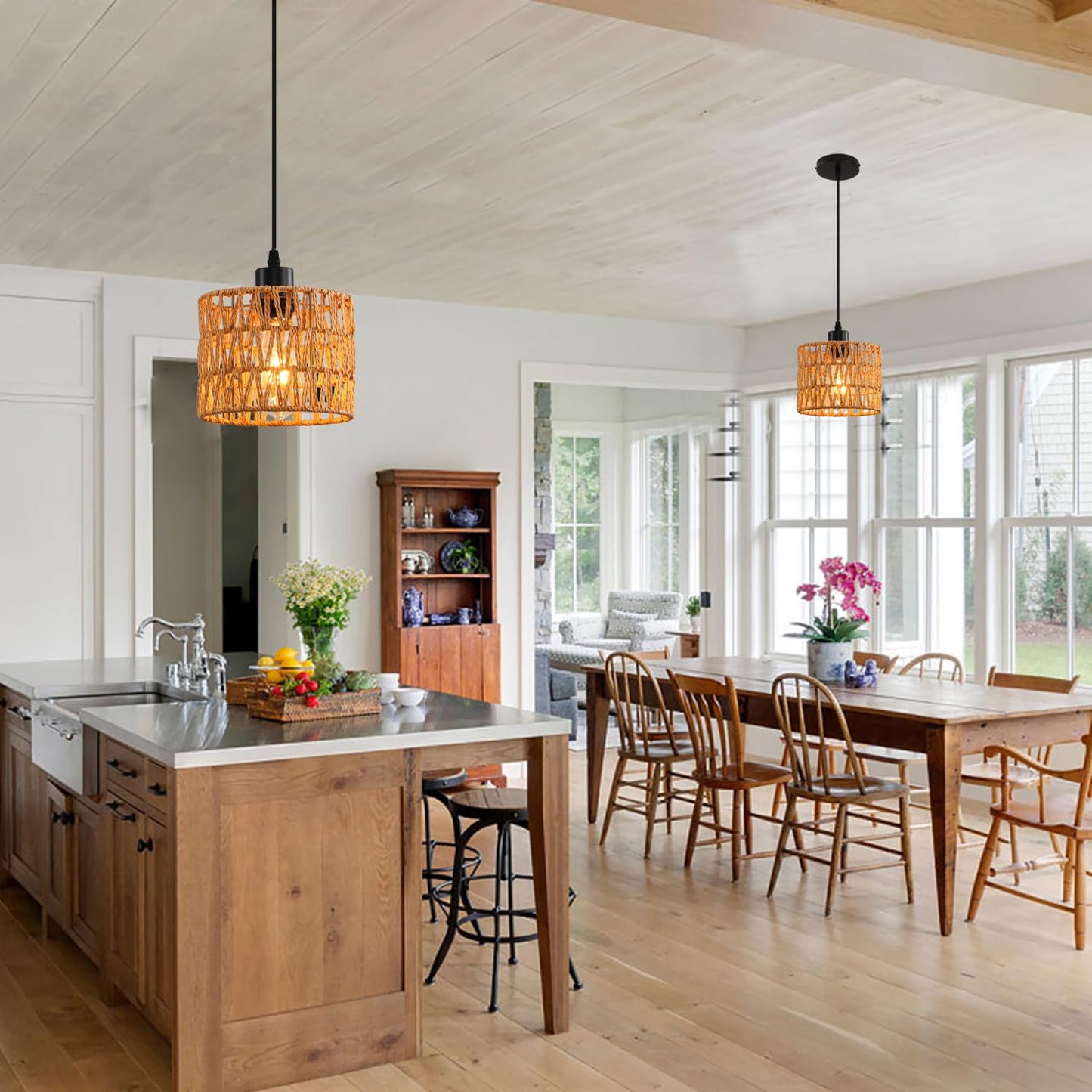 Woven Pendant Light Boho Chandelier Rattan Pendant Lights Kitchen Island Farmhouse Pendant Lighting With Hand Woven Wicker Shade Boho Chandelier Light Fixtures Ceiling Hanging Light