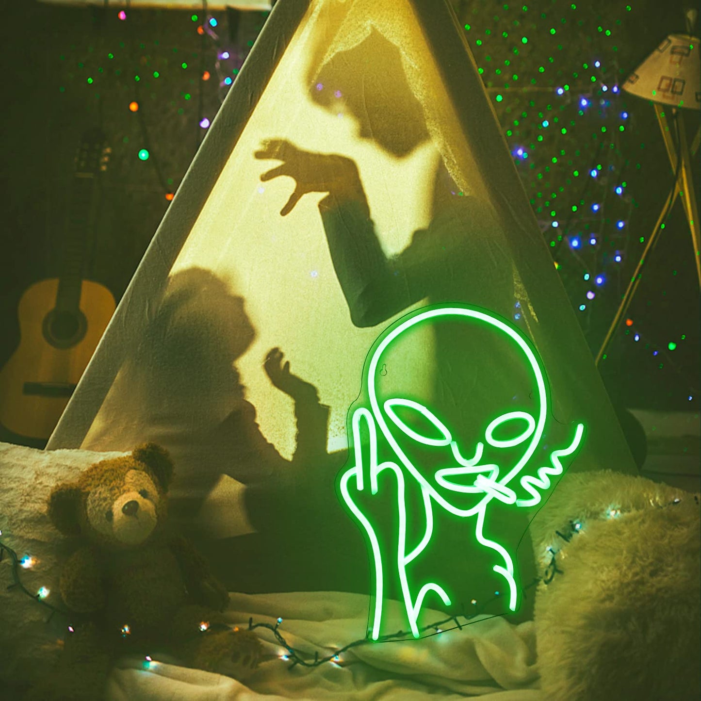 LUCUNSTAR Green Alien Neon Sign LED Wall Decor - Acrylic for Bedroom, Game Room, Pub, Hip Hop Party