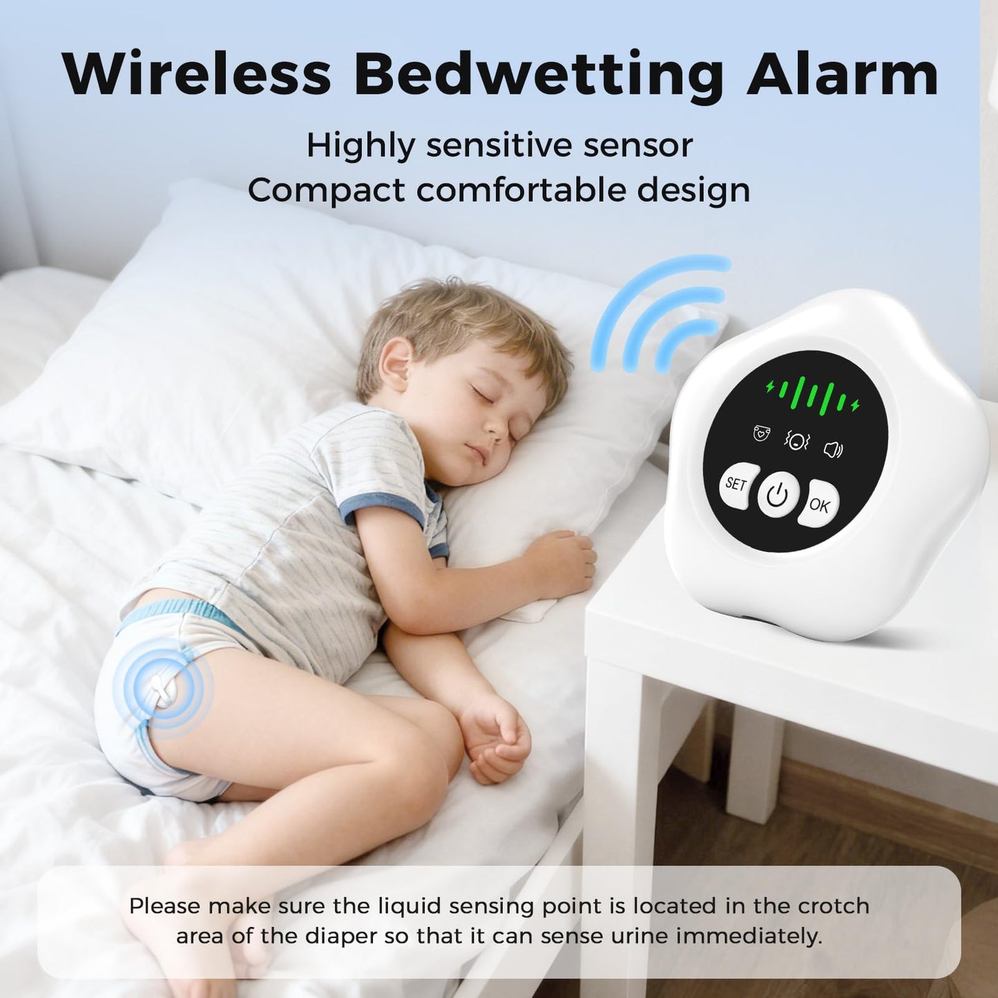 2026 New Bed Wetting Alarm for Boys and Girls, Compact & Comfortable Wireless Sensor, USB-C Rechargeable Bedwetting Alarm with 3 Working Modes, White
