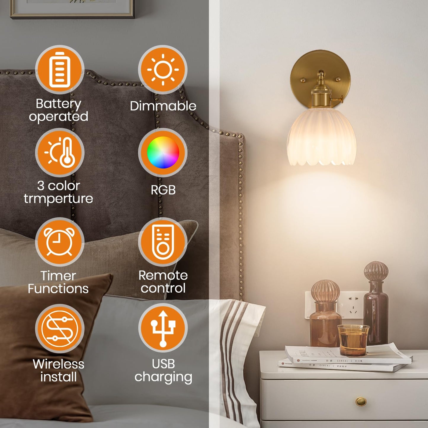 EIDEARAY Battery Operated Wall Sconce, Vintage Glass Tulip Lampshade, Rechargeable with Remote Control, Milky White, Model YLC-BRO3TB