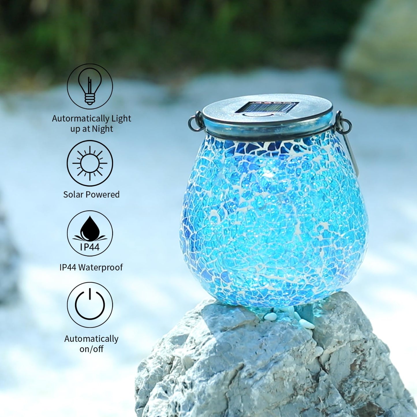 Afirst Mosaic Solar Lantern - Glass Hanging Light, Waterproof Table Lamp for Outdoor, Garden, Patio, Ice-Blue, Model 5038350B
