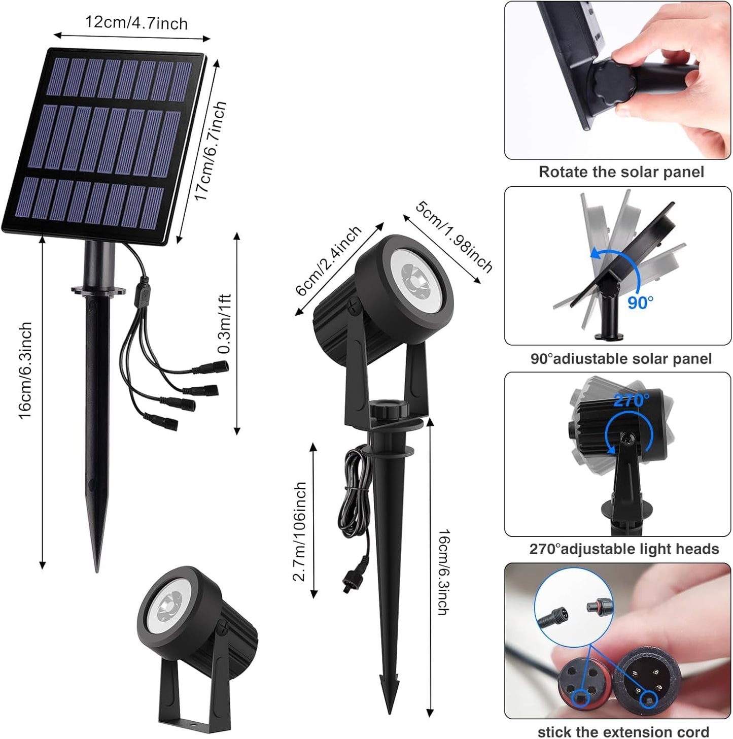 T-SUNUS Halloween Solar Garden Spotlight White Outdoor, 4-in-1 Spot Lights 6000K IP65 Waterproof 9.8ft Cable 5W Separated Panel, Auto On/Off Spotlights for Christmas Tree Yard Driveway Pathway Pond