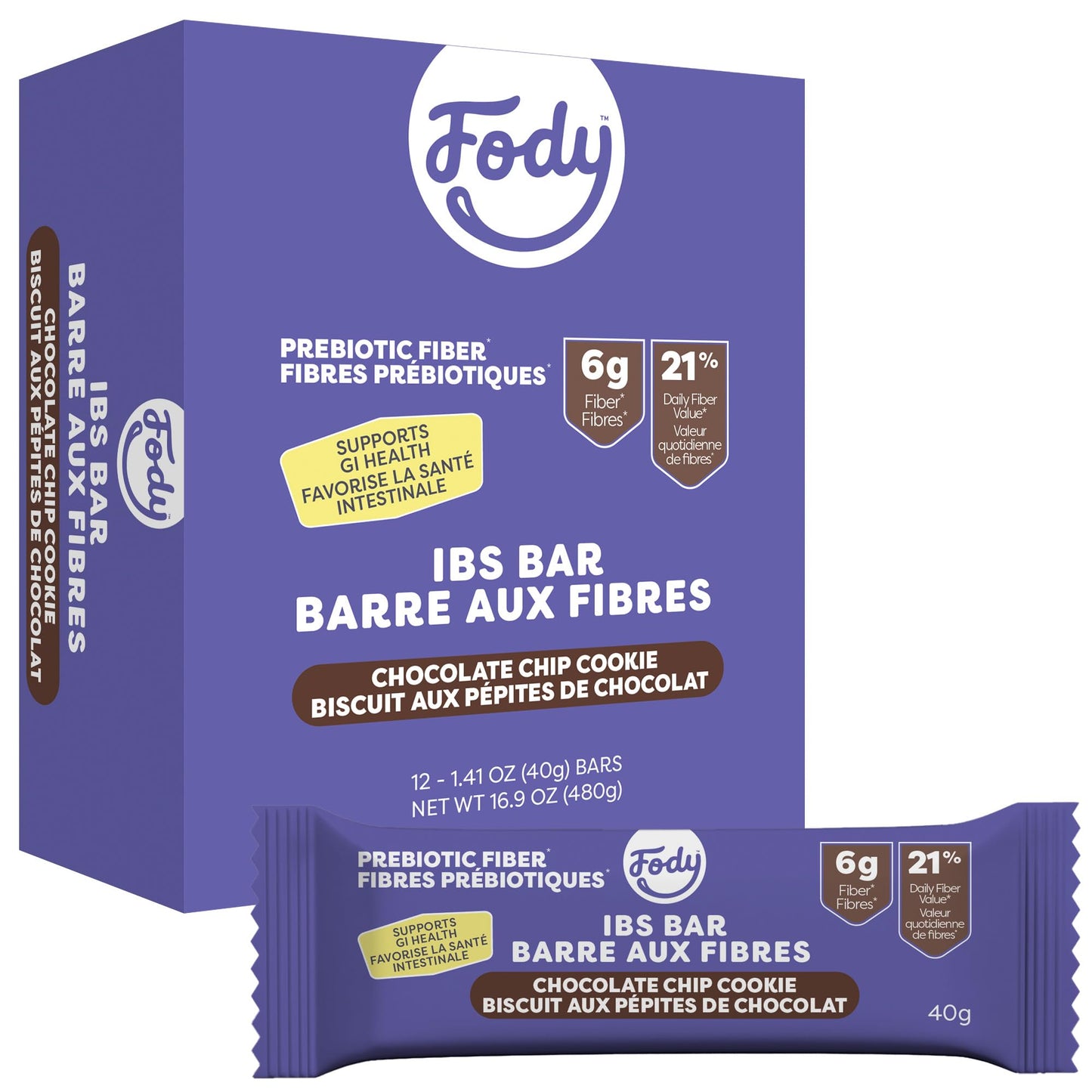 Fody Foods IBS Snack Bars Chocolate Chip Cookie 1.41 Oz (Pack of 12) 6g Prebiotic Fiber Low FODMAP Gut & IBS Friendly Lactose Free Non-GMO Gluten Free