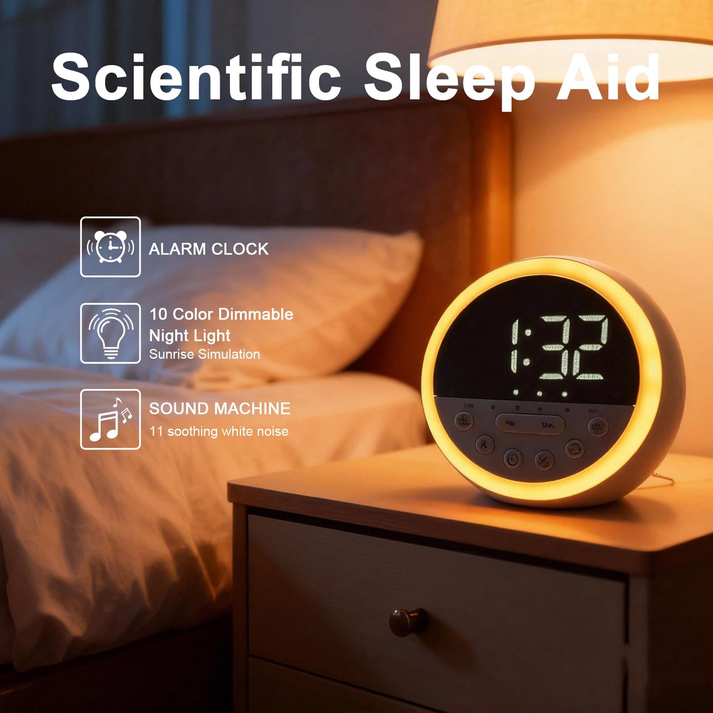 Sunrise Alarm Clock and Sound Machine Nightlight Adjustable Brightness, Rechargeable Wake Up Light Digital, Sleep Timer, Sleep Sounds, White Noise for Baby Kids Adults, Nature Soft Light for Bedroom
