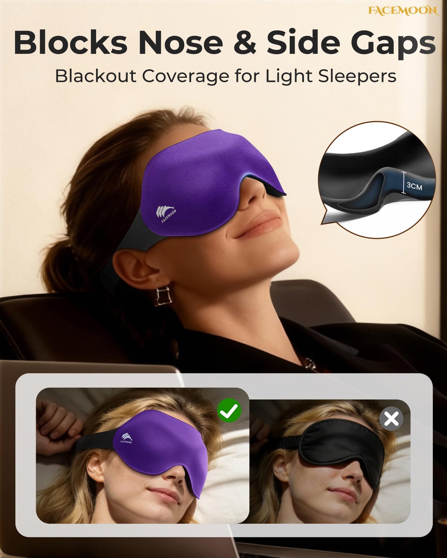 Sleep Mask for Side Sleepers: Lash Extensions 3D Contoured Eye Mask – Airplane Travel Essential, Zero-Pressure Light Blackout Eye Mask for Women – Soft Night Blindfold for Long Flights (Purple)