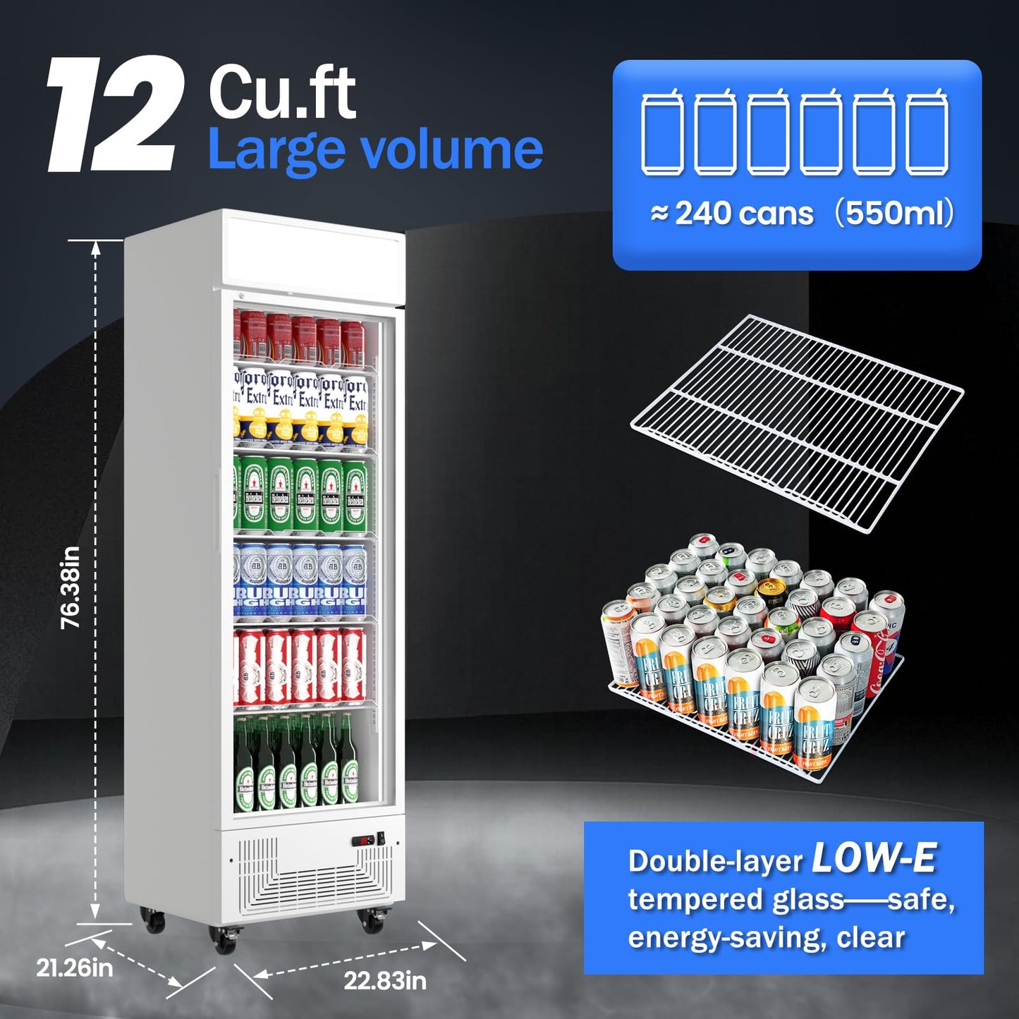 BINGERMA Commercial Display Refrigerator with Glass Door 12 Cu.ft Merchandiser Beverage Cooler Bar Black Drink Fridge for Convenience Stores, Supermarkets,Bars,Offices White