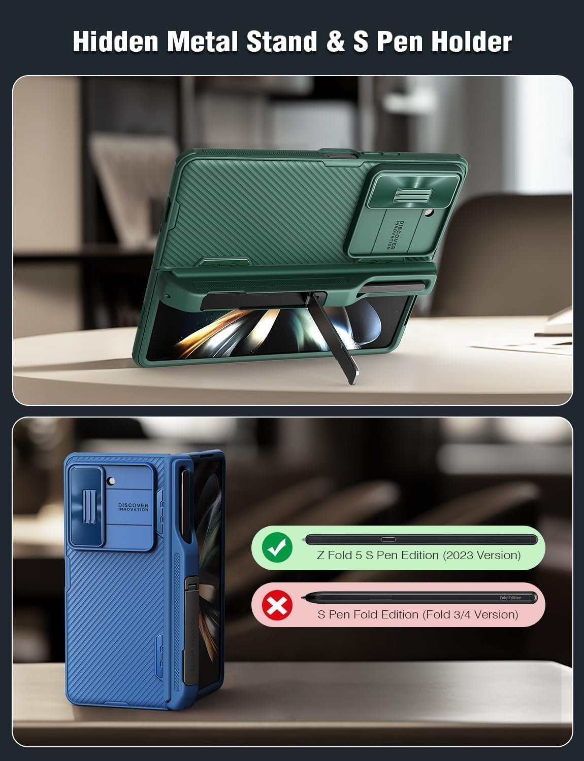 Nillkin For Samsung Galaxy Z Fold 5 Case With S Pen Holder, Hidden Metal Kickstand & Slide Camera Cover & Hinge Protection, Slim